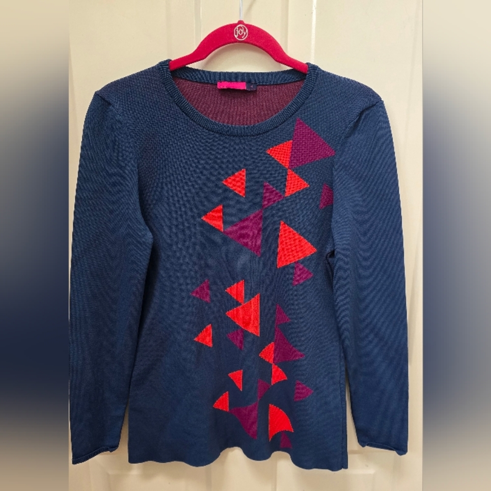 AVA Brand Geometric Patterned Long Sleeves Navy Top Women Size M-NWOT